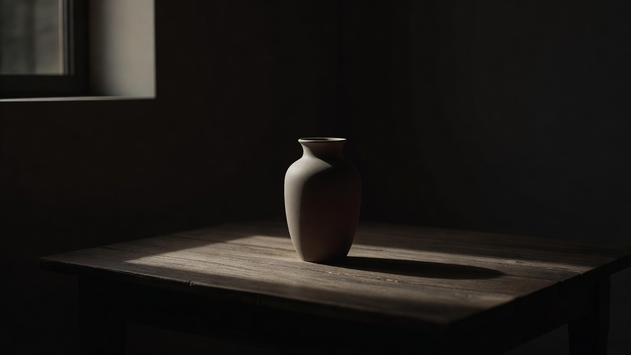 A simple, carefully selected object in a shadowed room, with space around it