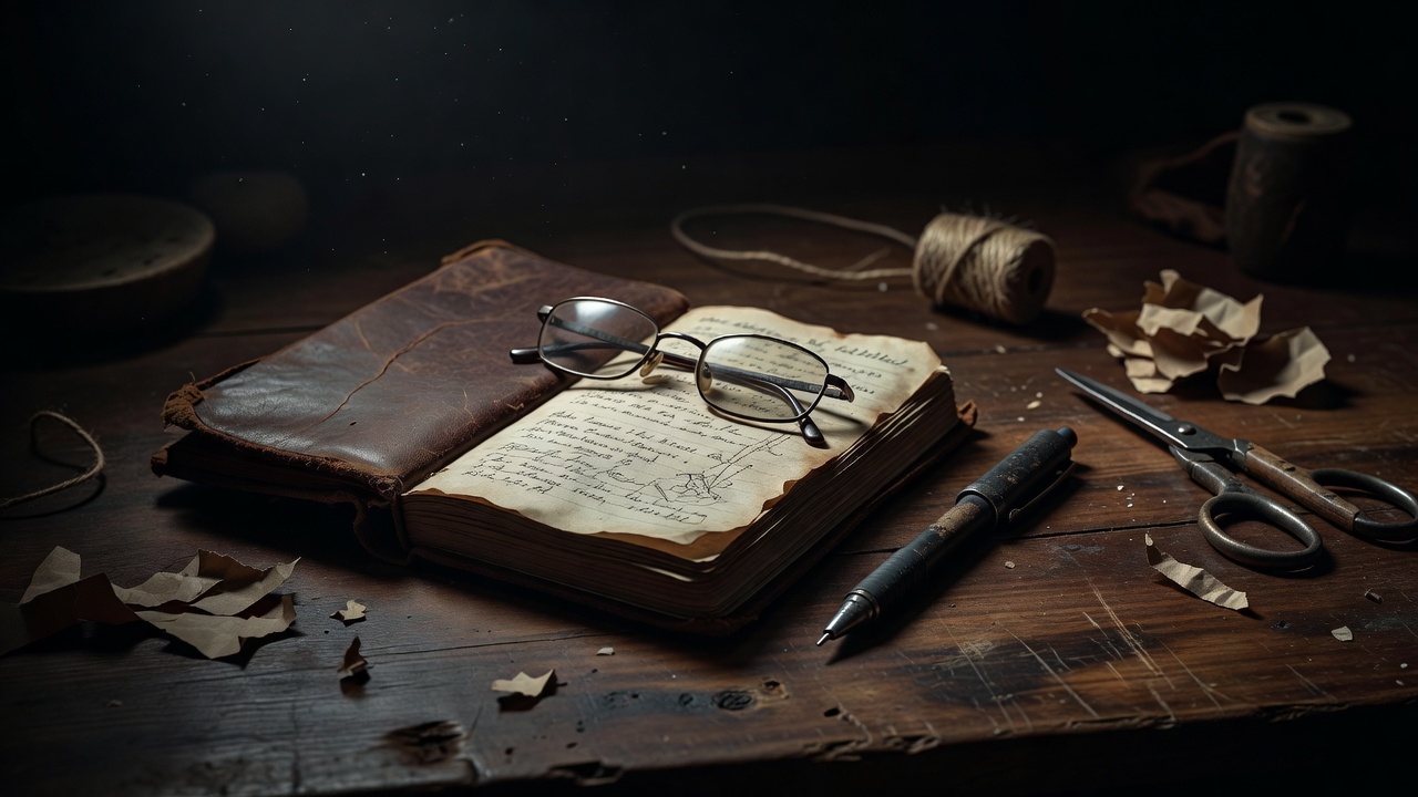 Well-used notebook, reading glasses, and a practical pen arranged on a shadowed work surface
