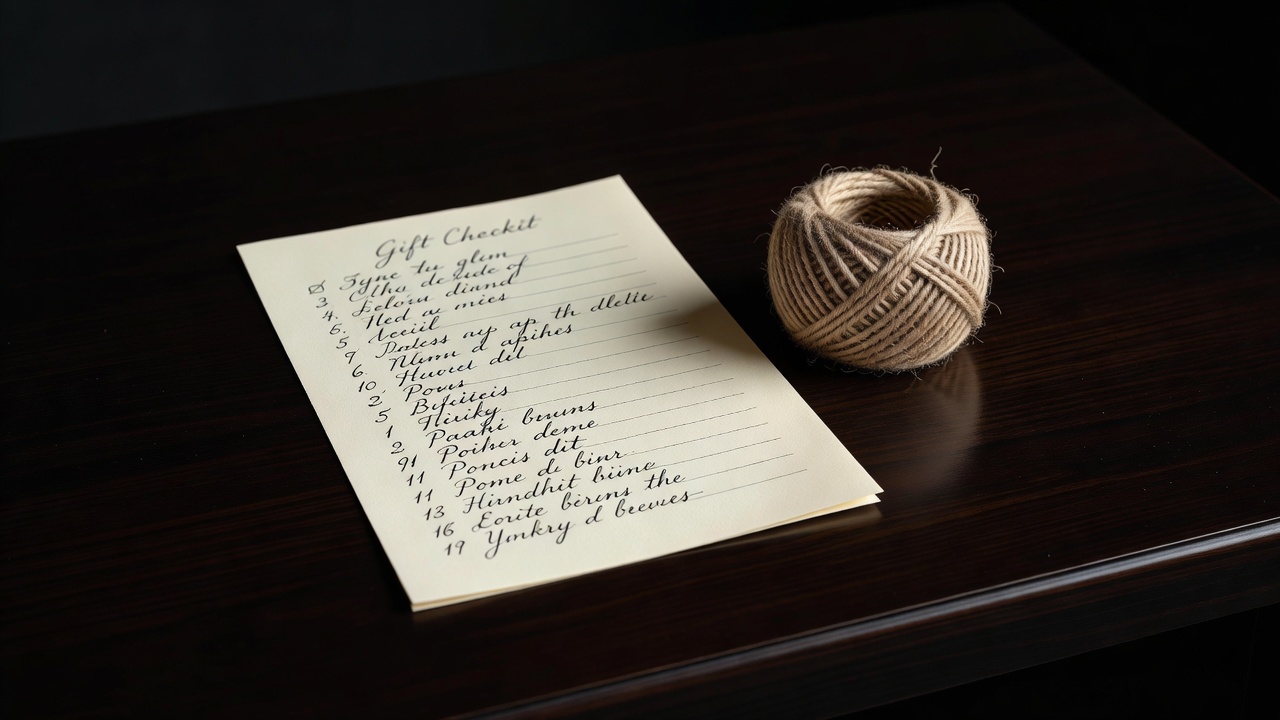 A handwritten gift checklist and useful household object on a dark tabletop