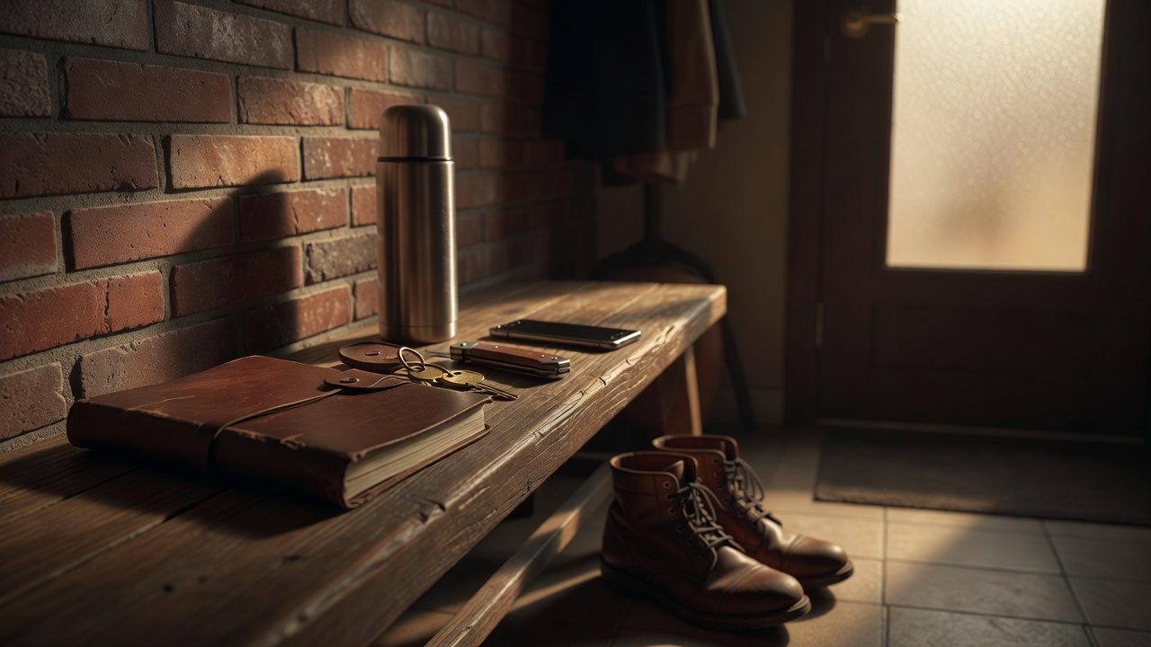 Everyday carry items arranged beside a notebook in a warmly shadowed entryway