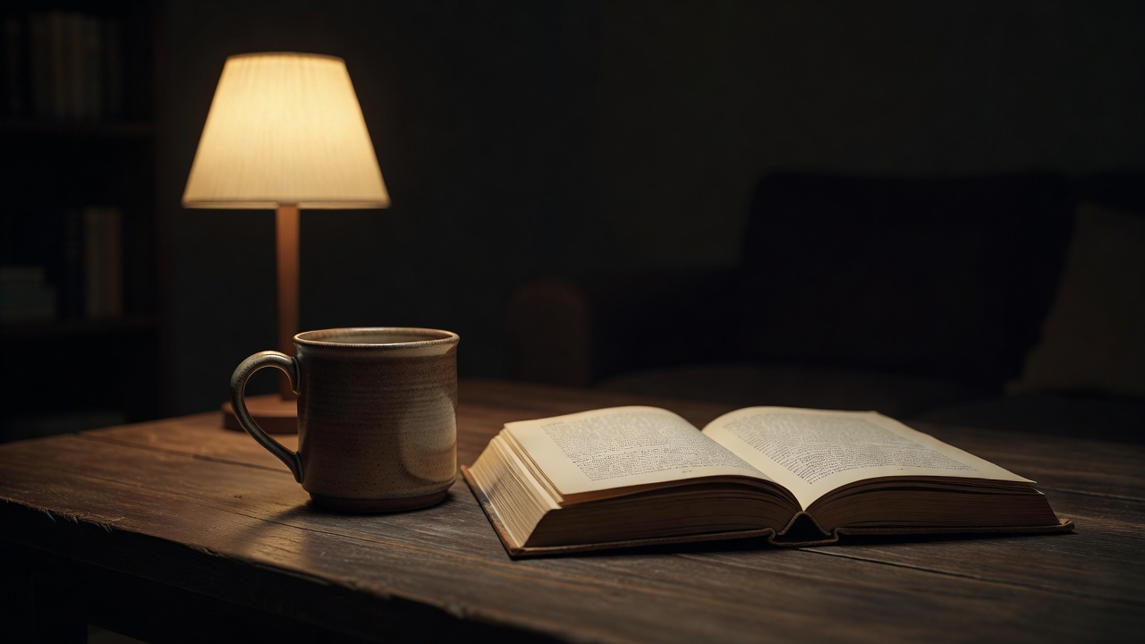 A carefully chosen ceramic mug and reading book in a dark, quiet home setting